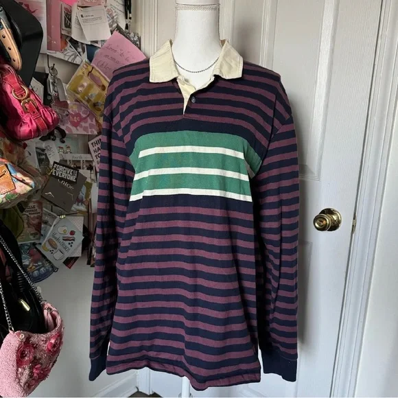 Tracksmith Navy and Burgundy Striped Longsleeve Shirt XL - Picture 1 of 5